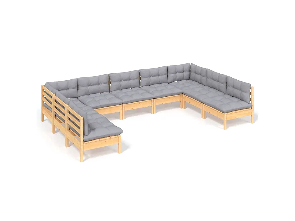 9-delige Loungeset met grijze kussens massief grenenhout