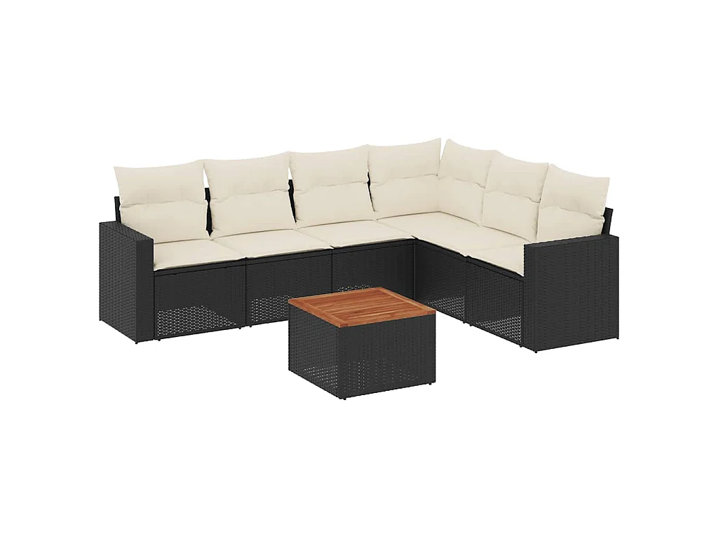 7-delige Loungeset met kussens poly rattan zwart