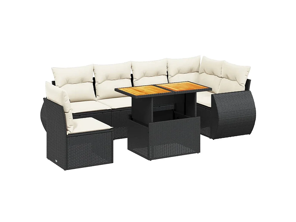 7-delige Loungeset met kussens poly rattan zwart