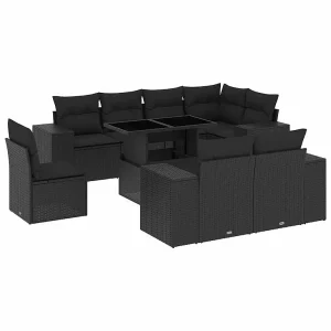 9-delige Loungeset met kussens poly rattan zwart 9-delige Loungeset met kussens poly rattan zwart