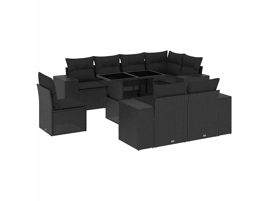 9-delige Loungeset met kussens poly rattan zwart