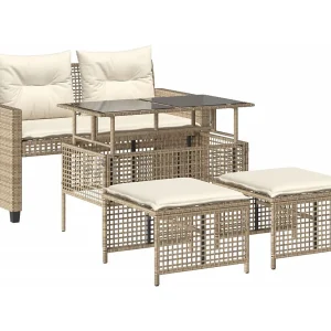 4-delige Loungeset met kussens poly rattan en glas beige