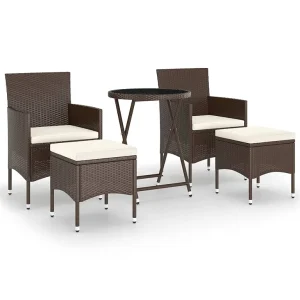 5-delige Bistroset poly rattan en gehard glas bruin