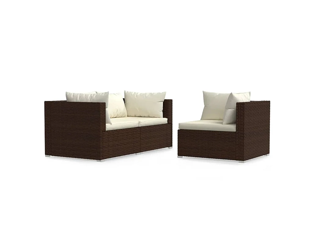 3-delige Loungeset met kussens poly rattan bruin