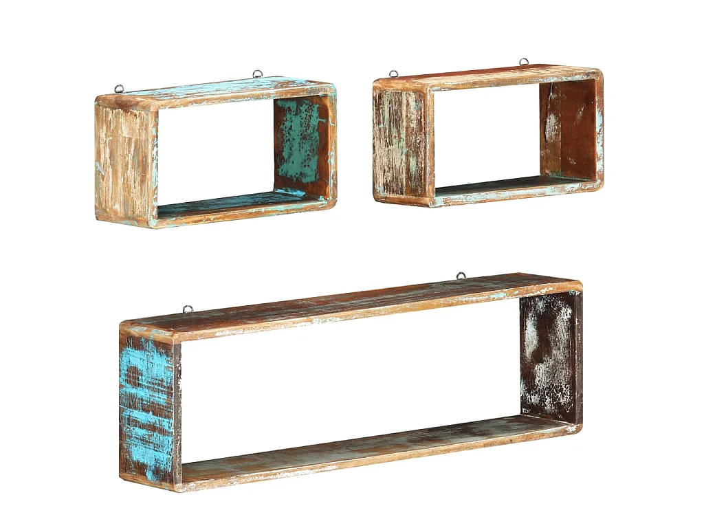 3-delige Wandschappenset kubus massief gerecycled hout