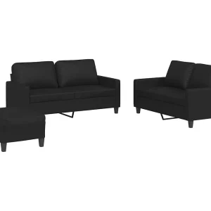 3-delige Loungeset met kussens kunstleer zwart