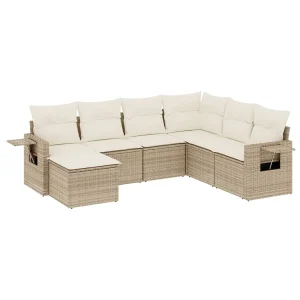 7-delige Loungeset met kussens poly rattan beige