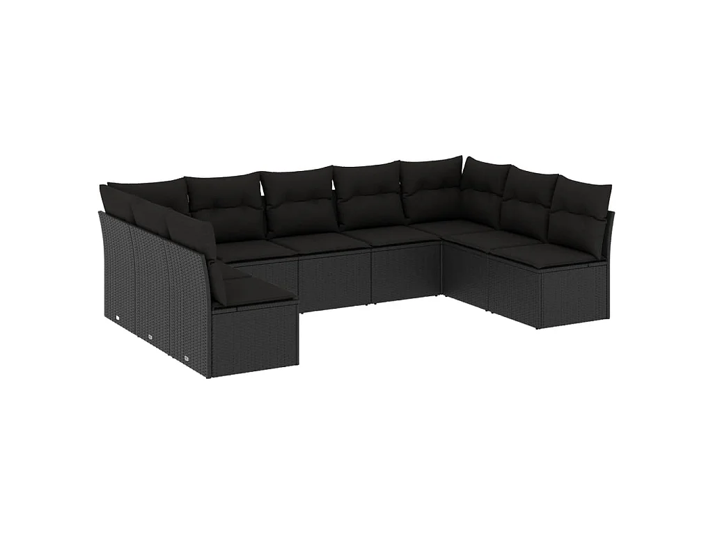9-delige Loungeset met kussens poly rattan zwart