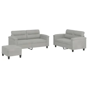 3-delige Loungeset met kussens microvezelstof lichtgrijs