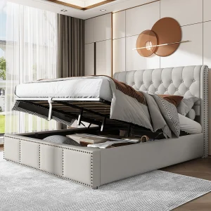 140 x 190 cm opbergbed – met hoofdbord, lattenbodem – in linnen – grijs – matras niet inbegrepen 140 x 190 cm opbergbed – met hoofdbord, lattenbodem – in linnen – grijs – matras niet inbegrepen