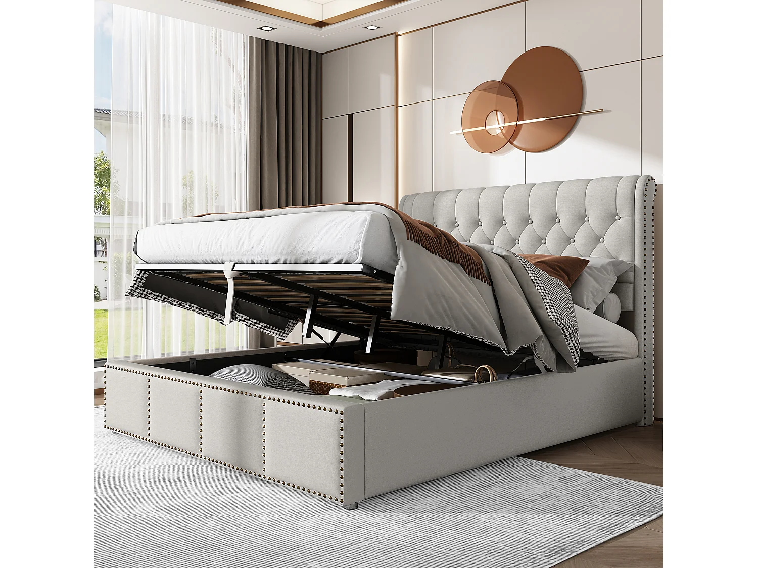 140 x 190 cm opbergbed – met hoofdbord, lattenbodem – in linnen – grijs – matras niet inbegrepen