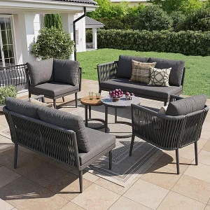 5-6 zts tuinlounge metaal: 1 fauteuil, modulaire hoekbank en bijzettafels – Grijs 5-6 zts tuinlounge metaal: 1 fauteuil, modulaire hoekbank en bijzettafels – Grijs