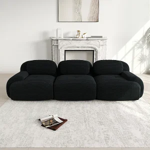 Bank 3 Zits Modulair van Ribfluweel – met 3 Kussens – 298x103x75cm – Zwart