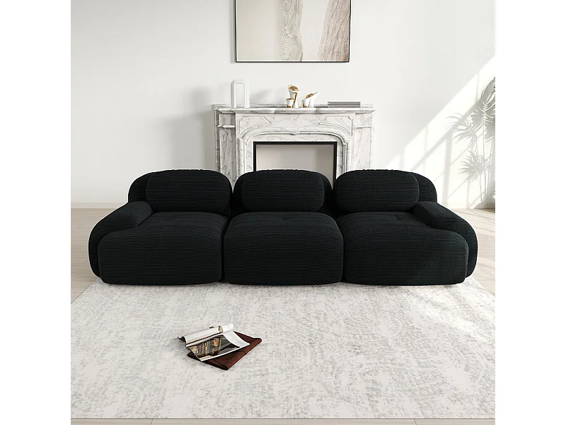 Bank 3 Zits Modulair van Ribfluweel - met 3 Kussens - 298x103x75cm - Zwart