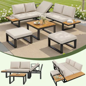 6-delige tuinset – met verstelbare bank + tafels + 2 krukjes – hout + metaal – beige 6-delige tuinset – met verstelbare bank + tafels + 2 krukjes – hout + metaal – beige