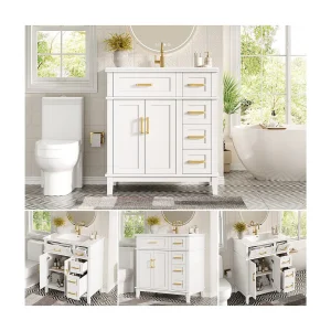 Badkamermeubel met keramische wasbak – 76 x 46,5 x 86 cm – met lades en deuren – MDF en metaal – wit Badkamermeubel met keramische wasbak – 76 x 46,5 x 86 cm – met lades en deuren – MDF en metaal – wit