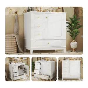Badkamermeubel met keramische wasbak – 76,5 x 47 x 87,5 cm – met lades + 1 deur – MDF – wit Badkamermeubel met keramische wasbak – 76,5 x 47 x 87,5 cm – met lades + 1 deur – MDF – wit
