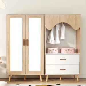 2-delige kledingkastenset – 160 x 46 x 141,5 cm – 1 kledingkast met twee deuren + 1 open kast – met lades – MDF – naturel + wit