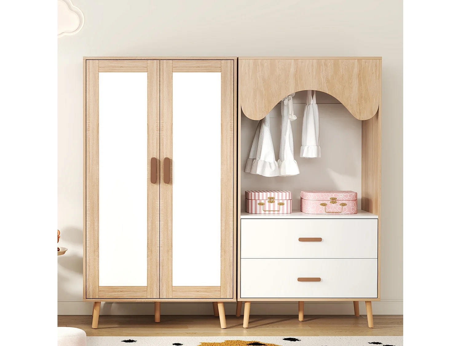 2-delige kledingkastenset - 160 x 46 x 141,5 cm - 1 kledingkast met twee deuren + 1 open kast - met lades - MDF - naturel + wit