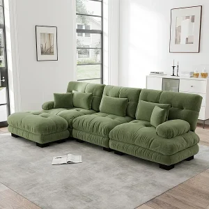 3-zits hoekbank, met poef, massief houten structuur en chenille bekleding, 313x145x81cm, Groen 3-zits hoekbank, met poef, massief houten structuur en chenille bekleding, 313x145x81cm, Groen