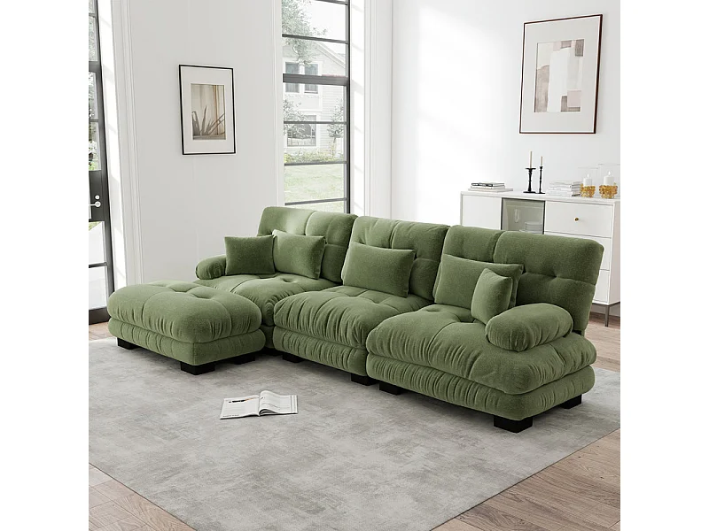 3-zits hoekbank, met poef, massief houten structuur en chenille bekleding, 313x145x81cm, Groen