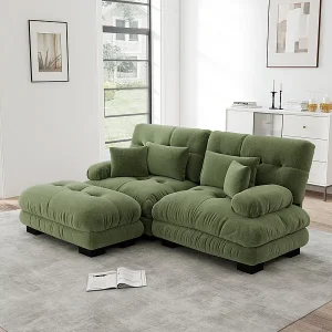 2-zits hoekbank, met poef, massief houten structuur en chenille bekleding, 220x145x81cm, Groen 2-zits hoekbank, met poef, massief houten structuur en chenille bekleding, 220x145x81cm, Groen