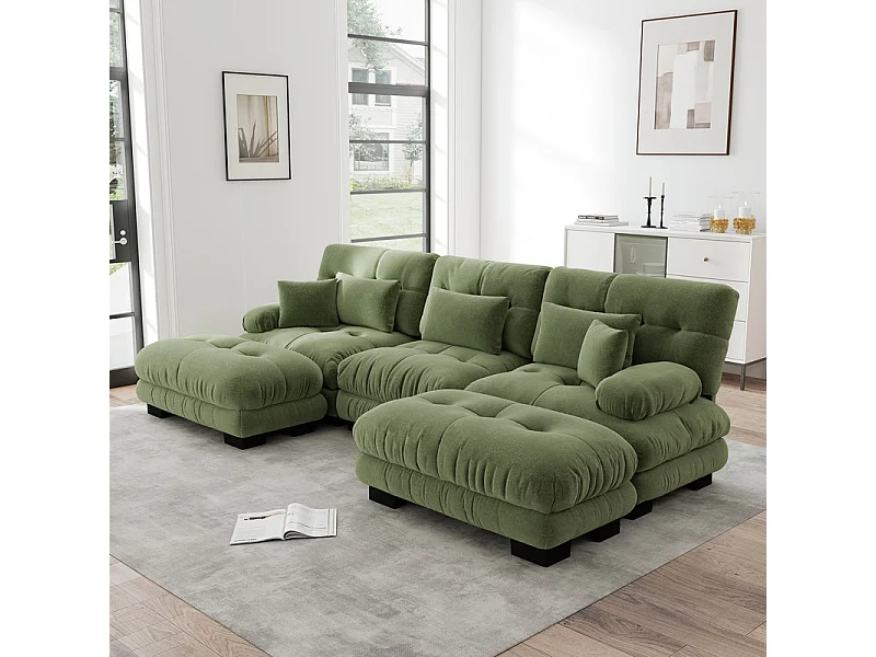 3-zits U-vormige hoekbank van 313 cm, met 2 poefs, van chenillestof, Groen
