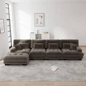 4-zits L-vormige hoekbank van chenillestof, met poef, 406x145x81cm, Bruin 4-zits L-vormige hoekbank van chenillestof, met poef, 406x145x81cm, Bruin