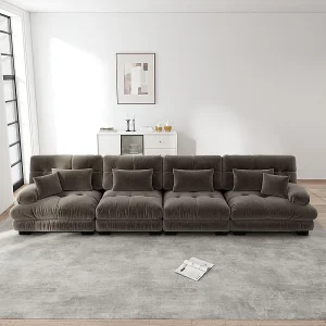 4-zits bank van chenillestof, met kussens en sierkussens, 406x77x81cm, Bruin 4-zits bank van chenillestof, met kussens en sierkussens, 406x77x81cm, Bruin
