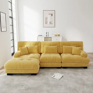 3-zits hoekbank, met poef, massief houten structuur en chenille bekleding, 313x145x81cm, Geel 3-zits hoekbank, met poef, massief houten structuur en chenille bekleding, 313x145x81cm, Geel
