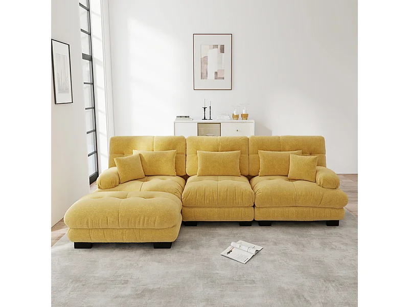 3-zits hoekbank, met poef, massief houten structuur en chenille bekleding, 313x145x81cm, Geel