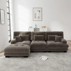 3-zits hoekbank, met poef, massief houten structuur en chenille bekleding, 313x145x81cm, Bruin 3-zits hoekbank, met poef, massief houten structuur en chenille bekleding, 313x145x81cm, Bruin