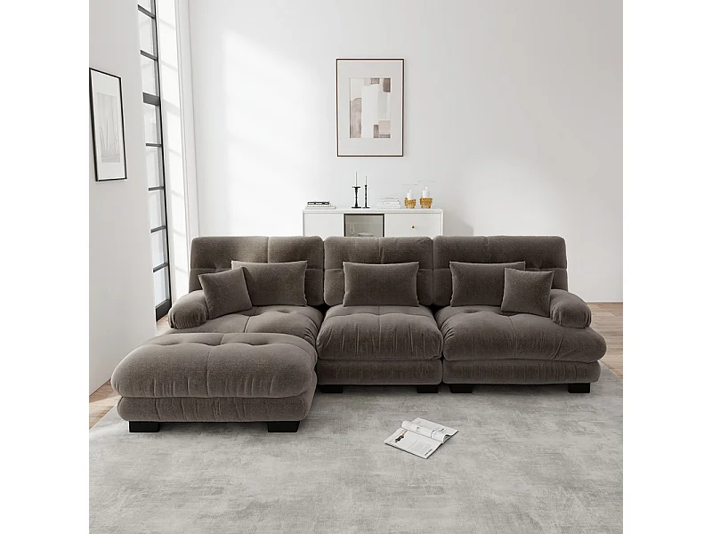3-zits hoekbank, met poef, massief houten structuur en chenille bekleding, 313x145x81cm, Bruin