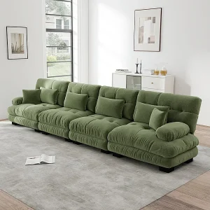 4-zits bank van chenillestof, met kussens en sierkussens, 406x77x81cm, Groen 4-zits bank van chenillestof, met kussens en sierkussens, 406x77x81cm, Groen