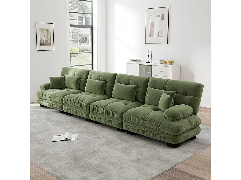 4-zits bank van chenillestof, met kussens en sierkussens, 406x77x81cm, Groen