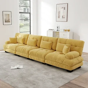 4-zits bank van chenillestof, met kussens en sierkussens, 406x77x81cm, Geel 4-zits bank van chenillestof, met kussens en sierkussens, 406x77x81cm, Geel