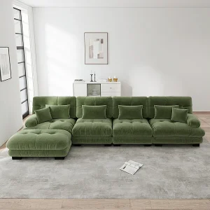 4-zits L-vormige hoekbank van chenillestof, met poef, 406x145x81cm, Groen 4-zits L-vormige hoekbank van chenillestof, met poef, 406x145x81cm, Groen