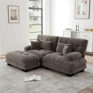 2-zits hoekbank, met poef, massief houten structuur en chenille bekleding, 220x145x81cm, Bruin 2-zits hoekbank, met poef, massief houten structuur en chenille bekleding, 220x145x81cm, Bruin