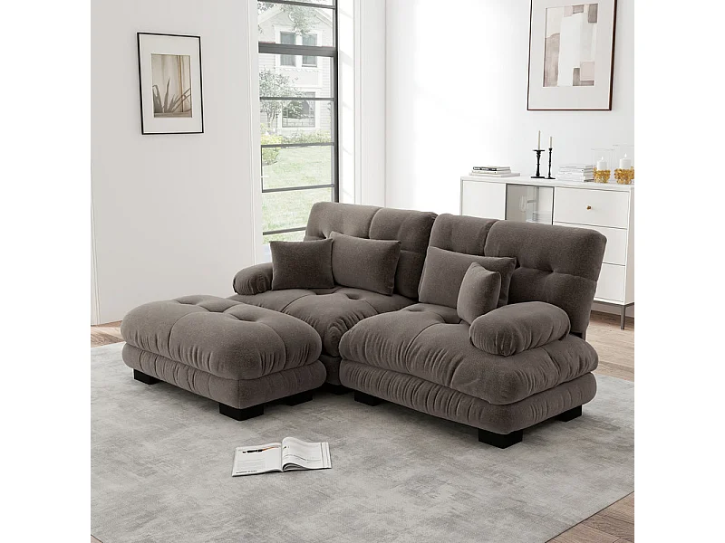 2-zits hoekbank, met poef, massief houten structuur en chenille bekleding, 220x145x81cm, Bruin