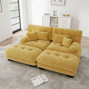 2-zits hoekbank met 2 poefs, van chenillestof, 220x145x81cm, Geel 2-zits hoekbank met 2 poefs, van chenillestof, 220x145x81cm, Geel