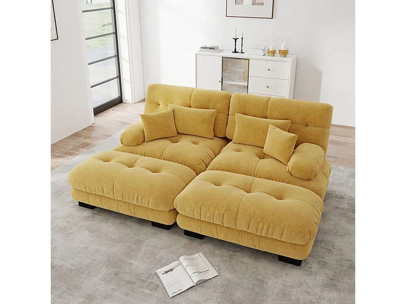 2-zits hoekbank met 2 poefs, van chenillestof, 220x145x81cm, Geel