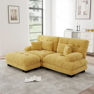 2-zits hoekbank, met poef, massief houten structuur en chenille bekleding, 220x145x81cm, Geel 2-zits hoekbank, met poef, massief houten structuur en chenille bekleding, 220x145x81cm, Geel