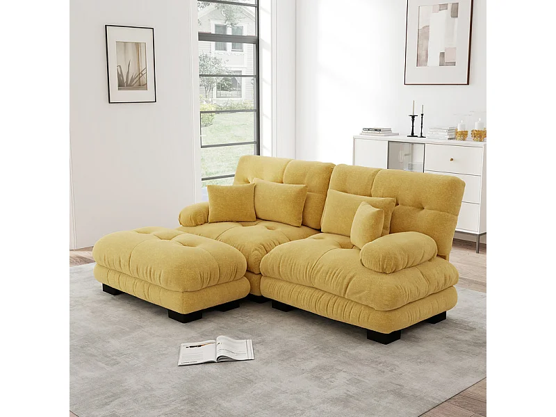 2-zits hoekbank, met poef, massief houten structuur en chenille bekleding, 220x145x81cm, Geel