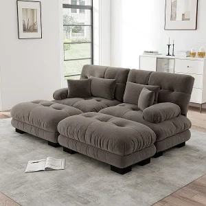 2-zits hoekbank met 2 poefs, van chenillestof, 220x145x81cm, Bruin 2-zits hoekbank met 2 poefs, van chenillestof, 220x145x81cm, Bruin