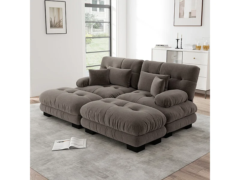 2-zits hoekbank met 2 poefs, van chenillestof, 220x145x81cm, Bruin