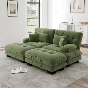 2-zits hoekbank met 2 poefs, van chenillestof, 220x145x81cm, Groen 2-zits hoekbank met 2 poefs, van chenillestof, 220x145x81cm, Groen