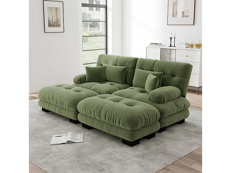 2-zits hoekbank met 2 poefs, van chenillestof, 220x145x81cm, Groen