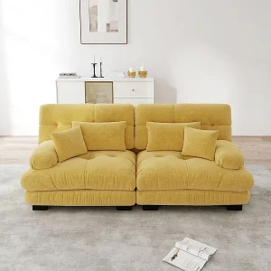 2-zits bank van chenillestof, met kussens en sierkussens, 220x77x81cm, Geel 2-zits bank van chenillestof, met kussens en sierkussens, 220x77x81cm, Geel