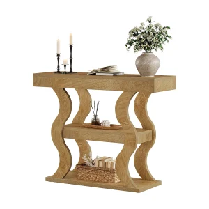 105 cm kleine consoletafel voor de hal, smalle bijzettafel met 3 niveaus en opbergplanken 105 cm kleine consoletafel voor de hal, smalle bijzettafel met 3 niveaus en opbergplanken