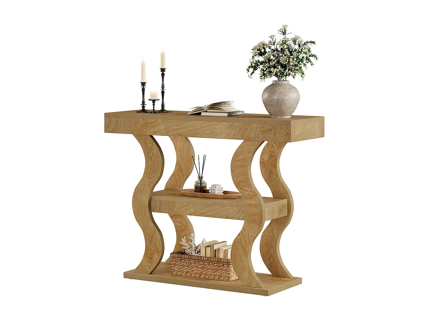 105 cm kleine consoletafel voor de hal, smalle bijzettafel met 3 niveaus en opbergplanken